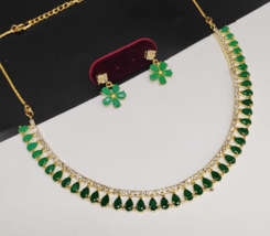 Indian Style Gold Plated Green Bollywood Style Delicate Necklace CZ Jewelry Set - £14.90 GBP