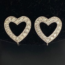 c1950 Otis Sterling Rhinestones Open Heart Screw Back Earrings Etched No3588 Vtg - £23.87 GBP