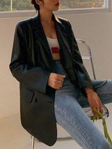 Korean Black Leather Moto Jacket Vintage Warm Female Loose Leather Suit Blazers  - £52.14 GBP