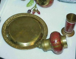 Antique Cloisonne Red Enamel Brass Four Pieces Incense Set Vintage - £19.71 GBP