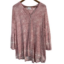 Lucky Brand Top Womens 2X Pink Floral Henley Peasant Boho 3/4 Sleeve Blouse - £23.59 GBP