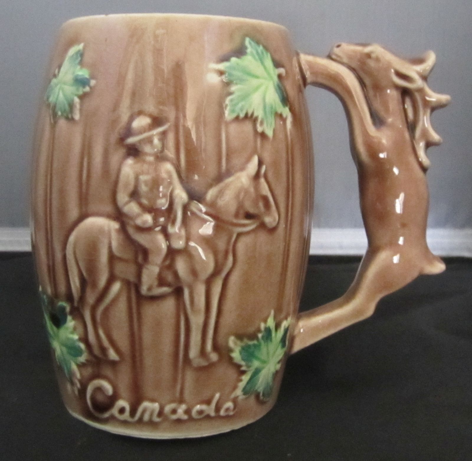 Vtg Elbro Japan Canada Mounted Police Horse Handle Maple Leaves Ceramic Mug - $19.99