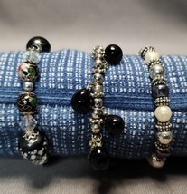 Cloisonne Faux Pearls Silver-tone Beaded Stretchy Stretch Bracelets (Lot of 3) - £14.24 GBP
