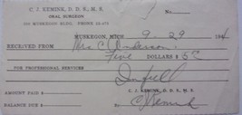 Vintage C.J. Kemink d.D.s. Oral surgeon Muskegon MI receipt 1929 - £1.55 GBP