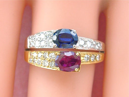Estate .46ctw Diamond 1ctw Oval Ruby &amp; Sapphire, You &amp; Me 18K Toi Et Moi Ring - £1,095.47 GBP