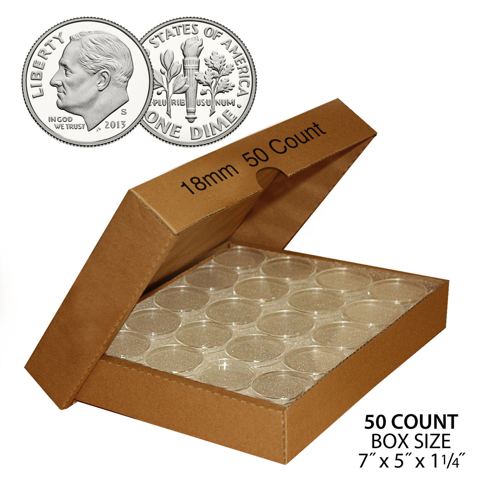 Primary image for 50 DIME Direct-Fit Airtight 18mm Coin Capsule Holder DIMES (QTY: 50) with BOX