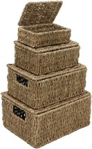 Seagrass Set of 4 Rectangular Lidded Storage Baskets Hand Woven Stackable Basket - £37.91 GBP