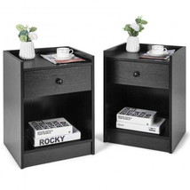 Set of 2 Nightstand with Drawer Cabinet End Side Table Raised Top-Black - £123.91 GBP