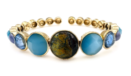 Vintage Liz Claiborne Gold Tone Iridescent Blue Green Jeweled Cuff Bracelet - $17.82