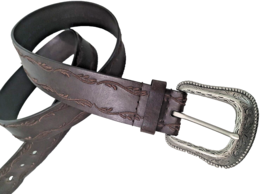 Vintage Leather Western BELT XL 42 Embroidered Silver Buckle Brown Faded Glory  - £13.72 GBP