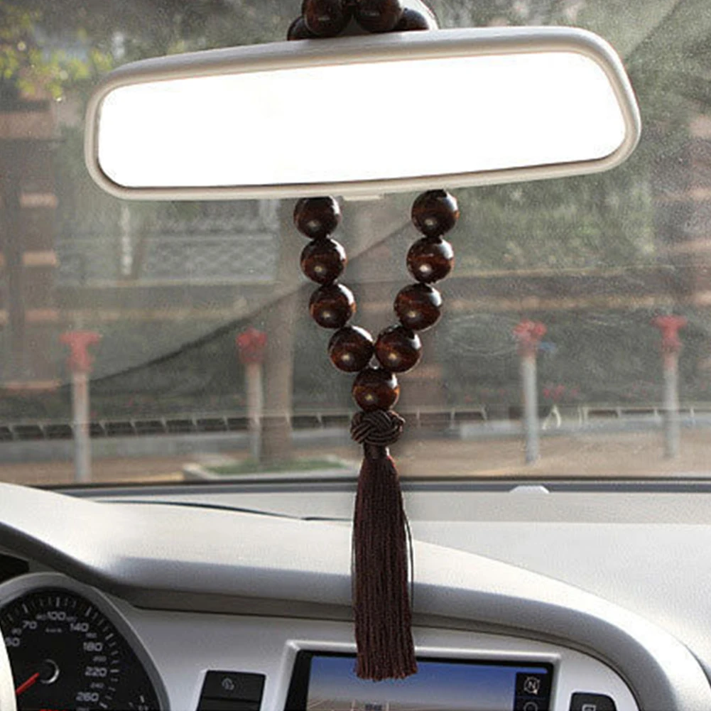 Wood Buddha Beads Car Rearview Mirror Hanging Pendant Interior Decor Ornament - £12.99 GBP
