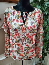 Adrienne Vittadini Women White Floral Polyester Long Sleeve Casual Blouse Size S - £19.75 GBP