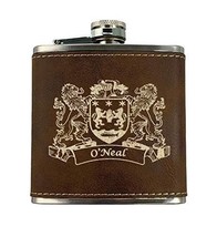 O&#39;Neal Irish Coat of Arms Leather Flask - Rustic Brown - £19.89 GBP