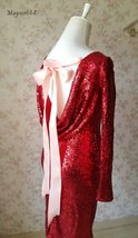 Sexy Wine Red Fitted Long Sleeve Open Back Sequin Dress Plus Size Party Dress image 5