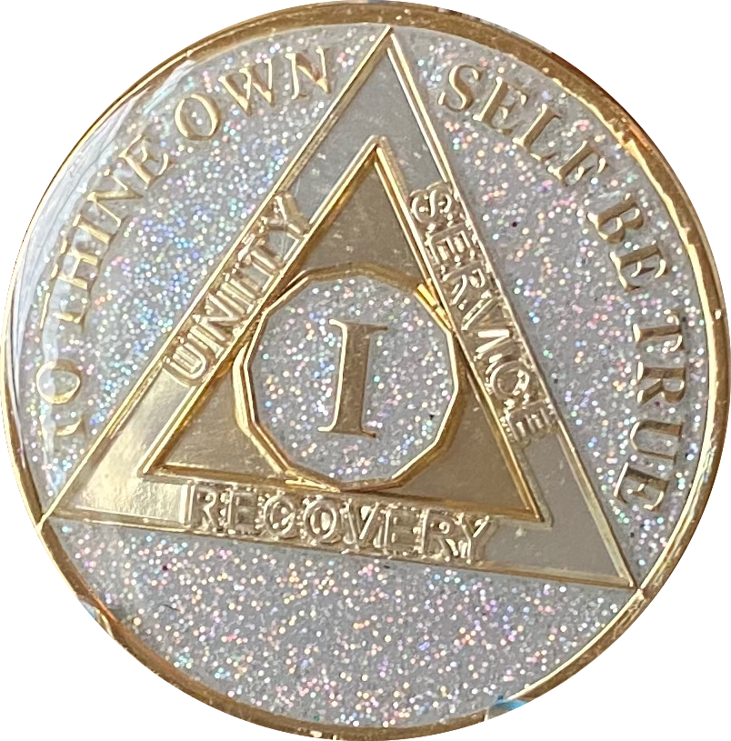 1 Year AA Medallion Silver Opal Gliter Tri-Plate Sobriety Chip