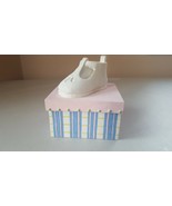 Ceramic Trinket Box Baby Shoe Probably Hand Painted Pink Lid Stripped Base  - $242.19 MXN