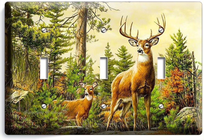 WHITETAIL WILD DEER BUCK ANTLERS TRIPLE LIGHT SWITCH WALL PLATE COVER HOME DECOR