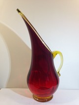 Amberina 10&quot; Pulled Pitcher Dark Ruby Footed Long Neck Attached Curled H... - $49.45