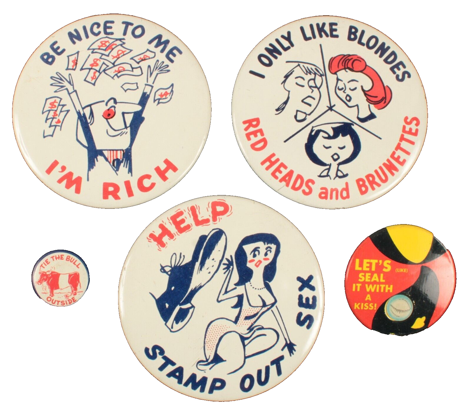 5 Risqué Pinbacks Stamp Out Sex, Be Nice To Me, Tie The Bull, Seal with ... - $46.74