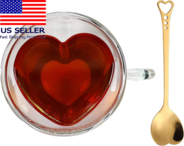 Double Wall Heart Shaped Glass Coffee Mug Insulated Clear Tea Cup with Handle US - £12.02 GBP