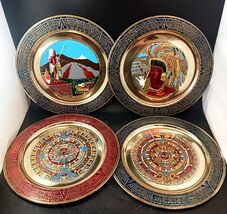 4 Aztec Mexico Brass &amp; Enamel Wall Hanging Plates 11&quot; Vintage, Selling OBO - $79.20