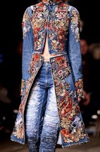 CUSTOM MADE Alexander McQueen inspired embellished long denim coat - £671.45 GBP