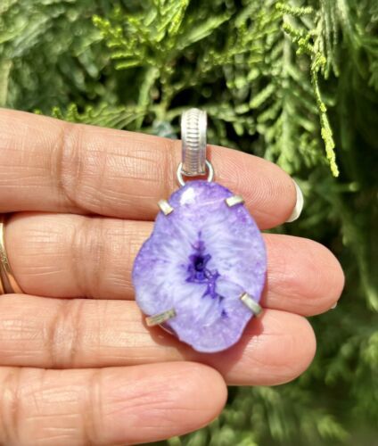 925 Sterling Silver Plated, Purple Druzy Geode Agate Stone Pendant, Heal... - $12.73