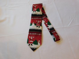 Holidays Silk Tie Neck neckwear print Red Santa Snowmen Christmas EUC -- - £16.09 GBP