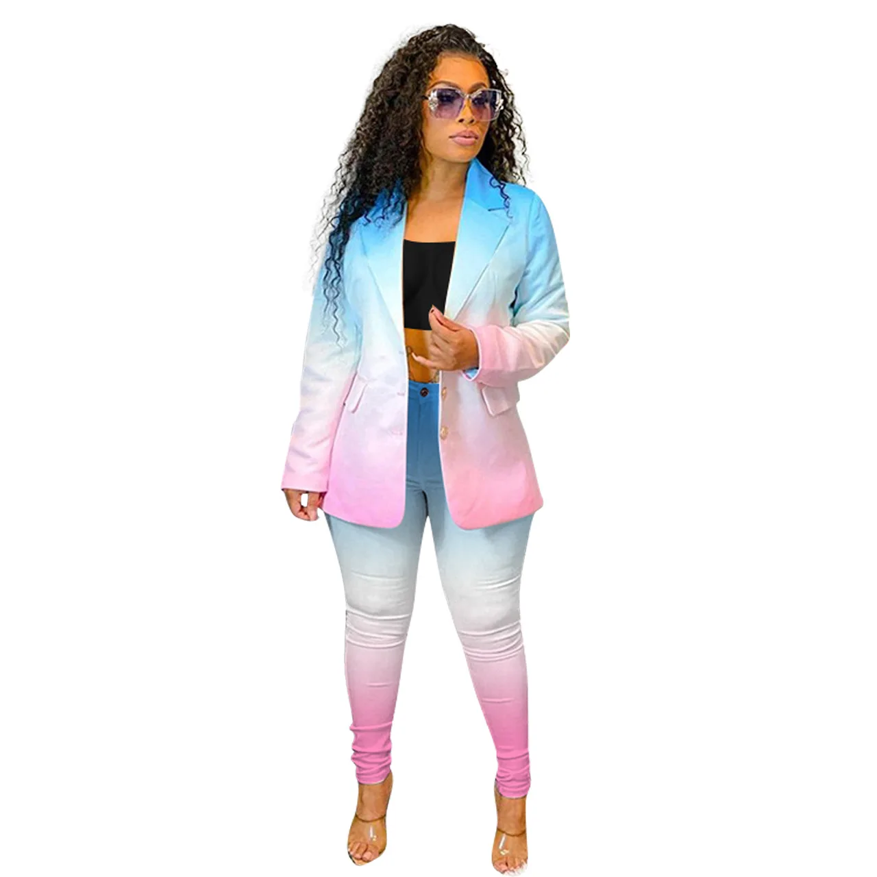 CM.YAYA Activewear Gradient Color Sweatsuit  Women&#39;s Set Blazers Pants Suit Offi - £125.00 GBP