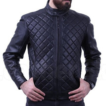 Men&#39;s Vintage Black Genuine Lambskin Leather Motorcycle Jacket Quilted S... - £98.57 GBP