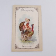 Thanksgiving Greetings Girl Riding Turkey Tom Post Card Vintage Antique - £9.49 GBP