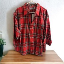 NWT Company One Womens  3X Button Down Red Green V Neck shimmer Plaid 3/4 sleeve - £18.19 GBP