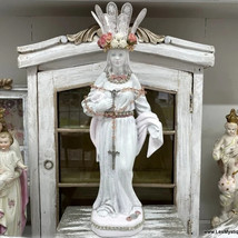 XL Vintage Shabby White Crowned Virgin Mary Statue Mystical Rose French Country  - £179.04 GBP