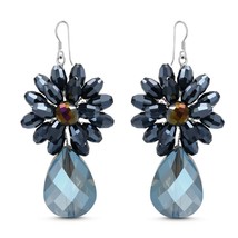 Breathtaking Blue Shades Crystal Teardrop and Chrysanthemum Dangle Earrings - £15.21 GBP