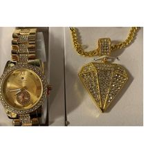 Luis Cardini Gold Bling Set – Watch with a Jewel Pendant Necklace - $32.65