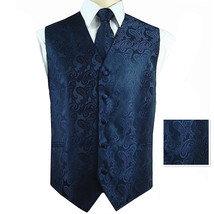 Navy Blue Paisley Tuxedo Suit Dress Vest Waistcoat &amp; Neck tie and Pocket Square - £20.19 GBP+