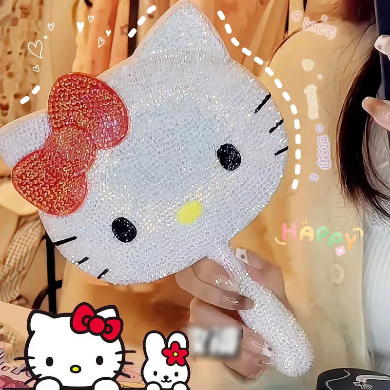 Kawaii Hello Kitty Hand Held Mirror Sanrioed Kt Cat Diy Diamond Shiny Makeup - £12.52 GBP+