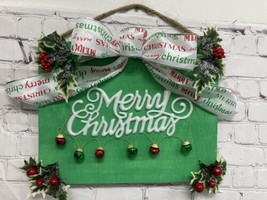 Merry Christmas jingle bells green Sign 14x11 bow wood Handmade hanging New - £11.68 GBP