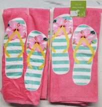 Set Of 2 Same Cotton Kitchen Terry Towels(16&quot;x26&quot;)SUMMER Flip Flops On Pink,Ritz - £12.51 GBP