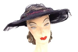 Vtg LG Horsehair Straw Hat Wide Brim Ladies Edwardian Downton Dark Blue ... - $903.48 MXN