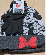 Kids Beanie Hat &amp; Gloves Disney Minnie Mouse Collage Pom-Pom Black Grey ... - $186.44 MXN
