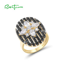 Authentic 100% 925 Sterling Silver Rings For Women Sparkling Black Spinel White  - £43.39 GBP