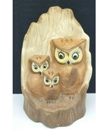 Vintage Mid Century Ceramic Owl Trio In Tree Hollow Figurine 5 1/4&quot; Tall - $17.77
