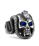 CRYSTAL BLUE EYE SKULL WITH SERPENT SNAKE METAL BIKER mens brx019 biker ... - £7.43 GBP