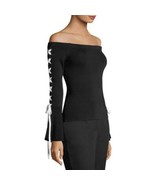 Scripted Off-The-Shoulder Contrast Lace-Up Bell Sleeve Sweater Size Small - $94.37 CAD