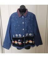 Tantrums Denim Shirt Women&#39;s L Embroidered Holiday Shacket Snowman Butto... - $40.60 CAD