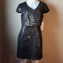 Kensie Black w/Gold Metallic Dots Cocktail Party Sheath Dress Short Sleeve M NEW - £43.64 GBP
