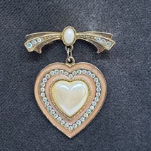 Vintage Gold Tone AB Rhinestone Faux Pearl Heart Brooch Dangle Pin - £13.40 GBP