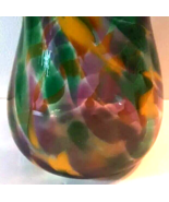 Signed Karen Naylor Art Glass Vase Purple Green Yellow 6 Inches Tall - £44.09 GBP