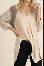 UMGEE Color block Henley Trapeze Top with Lace Sleeves Sz LG Tan NWT - £23.55 GBP